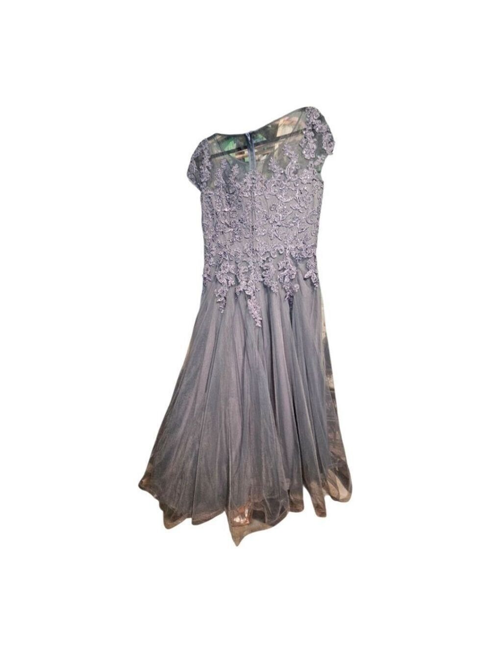 La Femme Grey Green Embellished Tulle Maxi Dress Size 14 - Picture 8 of 9